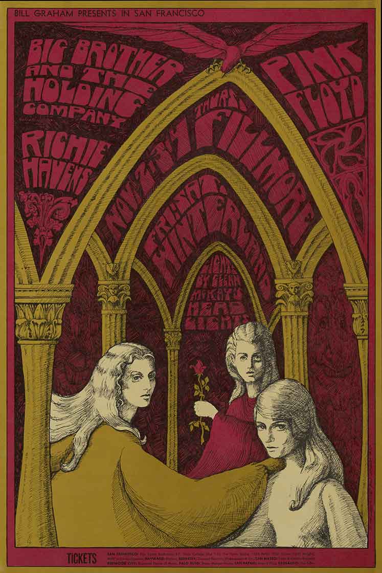 Vintage poster for Big Brother and the Holding company, Richie Havens, and Pink Floyd at The Fillmore featuring an illustration of three women.